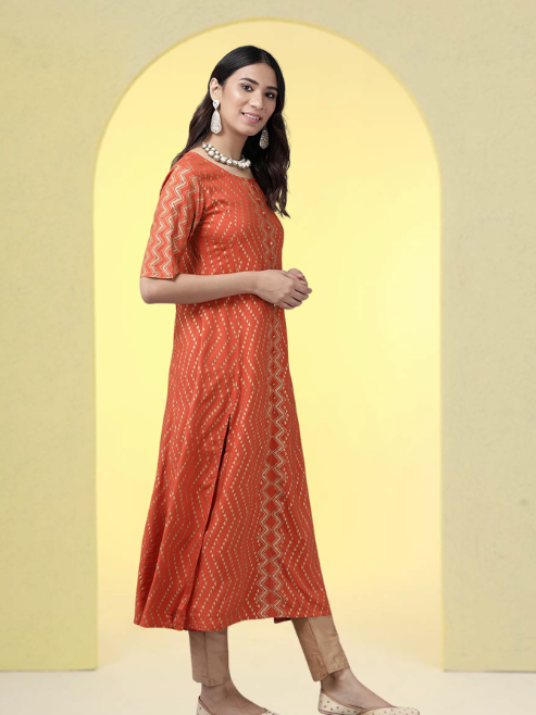 Rayon Zig-Zag Gold Print Anarkali Kurta (Orange)