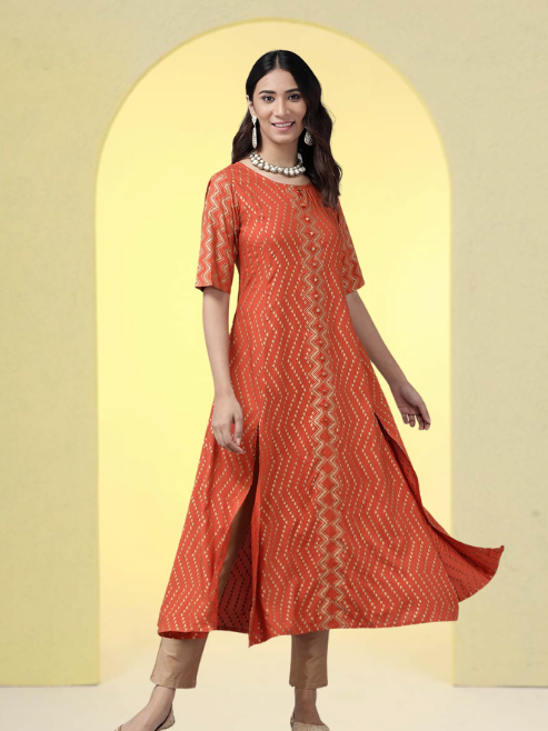 Rayon Zig-Zag Gold Print Anarkali Kurta (Orange)