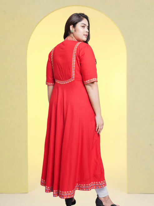 Rayon Pintucks Anarkali Kurta (Red)