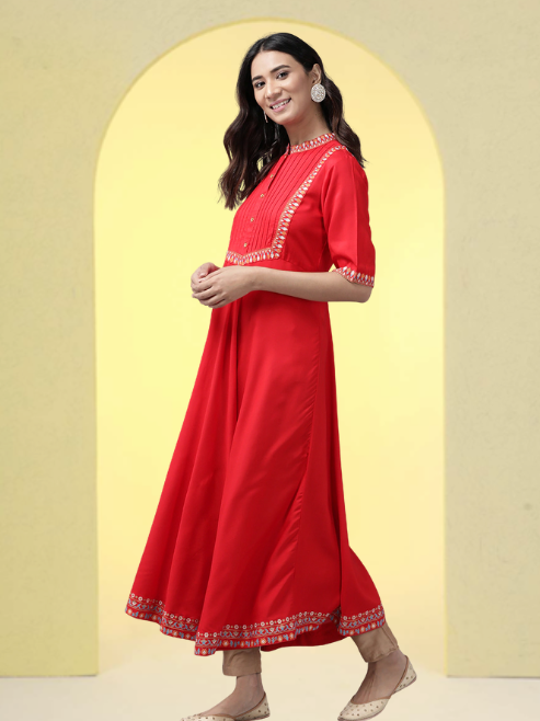 Rayon Pintucks Anarkali Kurta (Red)
