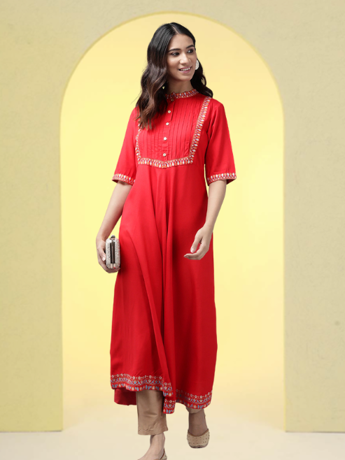 Rayon Pintucks Anarkali Kurta (Red)