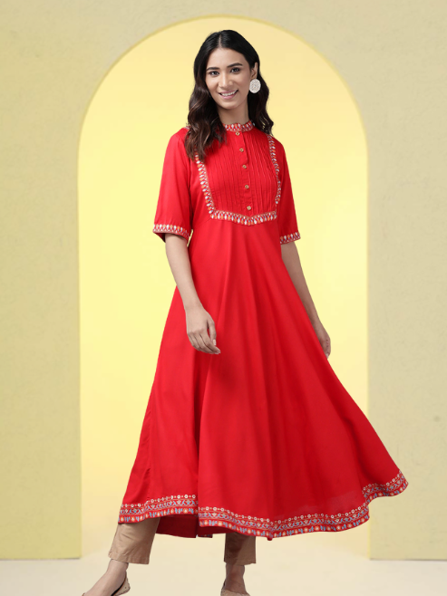 Rayon Pintucks Anarkali Kurta (Red)