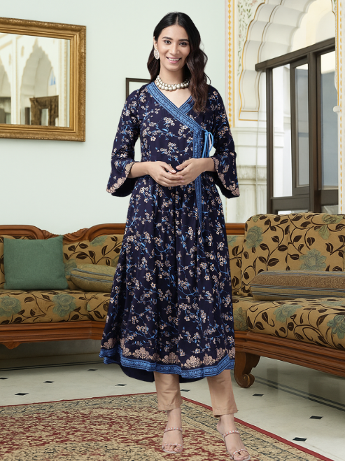 Rayon Floral Print Angrakha Kurta