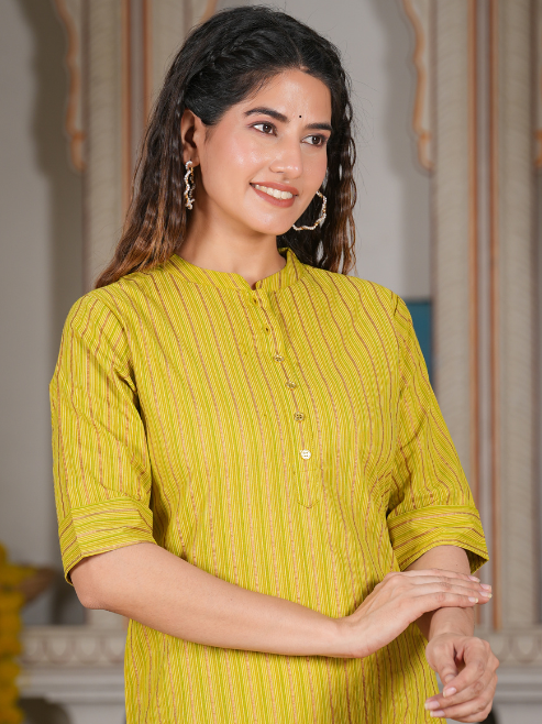 Cotton Stripe Gold Printed Straight Kurta (Green)