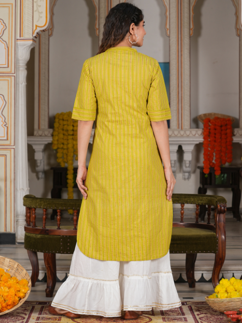 Cotton Stripe Gold Printed Straight Kurta (Green)