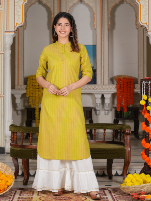 Cotton Stripe Gold Printed Straight Kurta (Green)