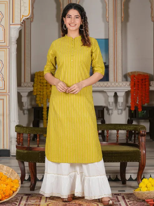 Cotton Stripe Gold Printed Straight Kurta (Green)