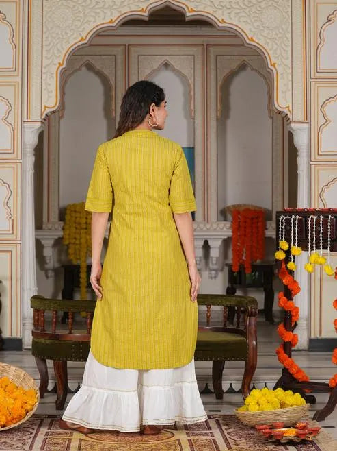 Cotton Stripe Gold Printed Straight Kurta (Green)