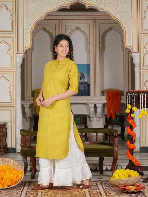 Cotton Stripe Gold Printed Straight Kurta (Green)