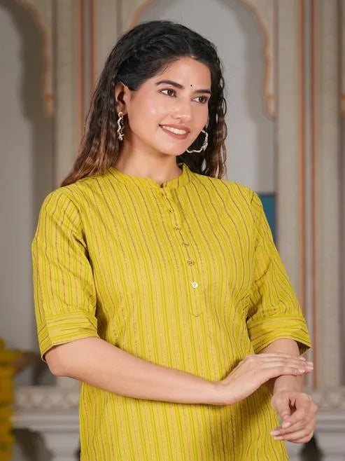 Cotton Stripe Gold Printed Straight Kurta (Green)