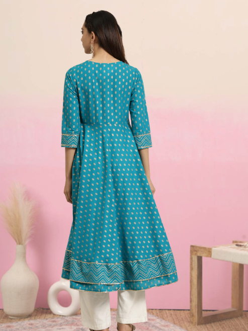 Cotton Floral Printed Anarkali Kurta (Teal)