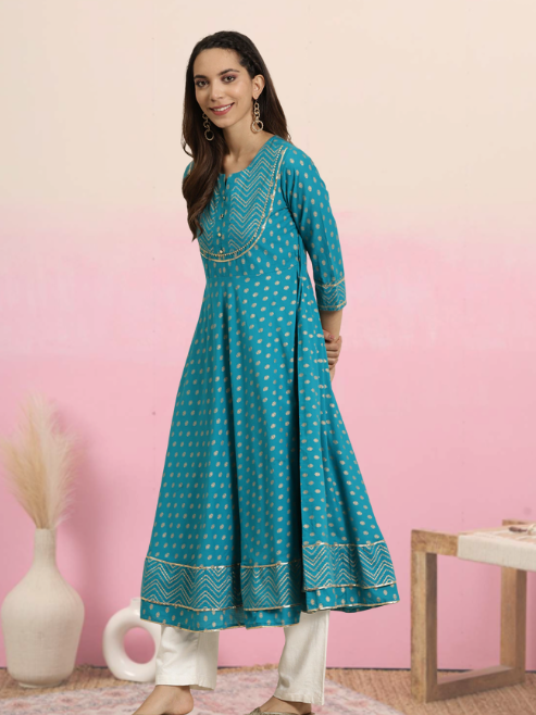 Cotton Floral Printed Anarkali Kurta (Teal)
