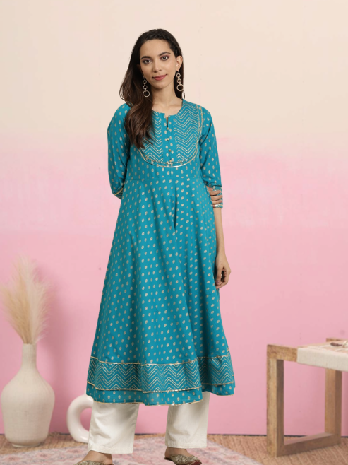 Cotton Floral Printed Anarkali Kurta (Teal)