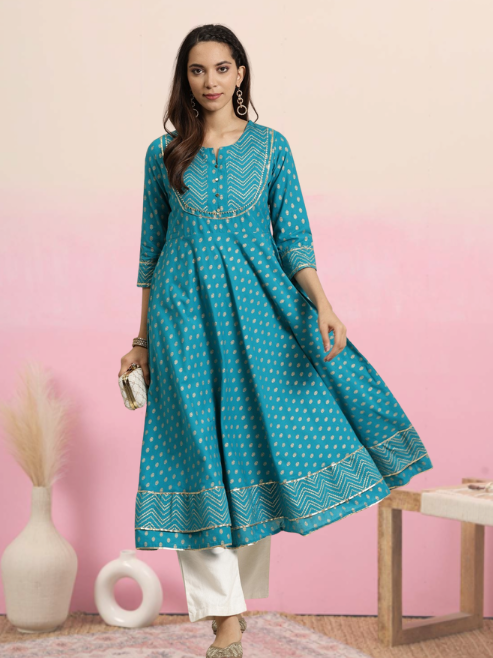 Cotton Floral Printed Anarkali Kurta (Teal)