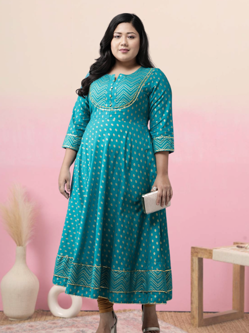 Cotton Floral Printed Anarkali Kurta (Teal)
