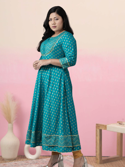 Cotton Floral Printed Anarkali Kurta (Teal)