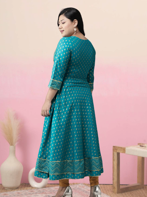 Cotton Floral Printed Anarkali Kurta (Teal)