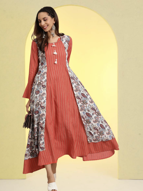 Rayon Geometric Print Embroidered Anarkali Kurta