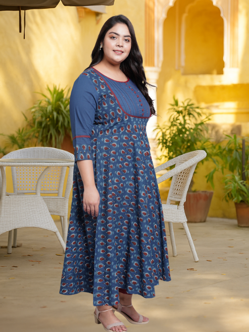 Cotton Floral Printed Pintucks Anarkali Kurta