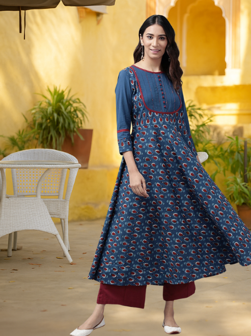 Cotton Floral Printed Pintucks Anarkali Kurta
