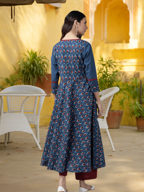 Cotton Floral Printed Pintucks Anarkali Kurta
