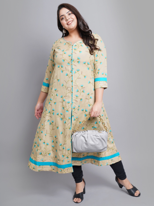 Rayon Floral Printed Anarkali Kurta (Khaki)