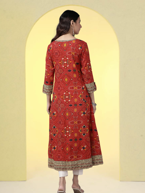Rayon Bandhej Printed Anarkali Kurta (Red)