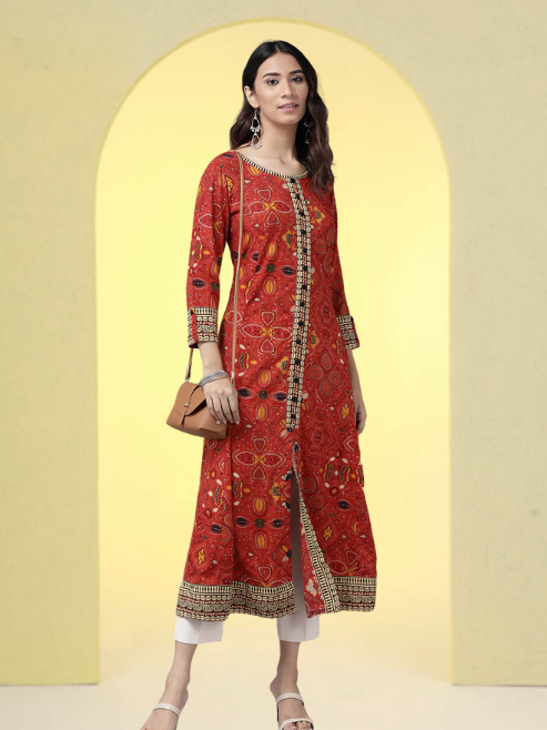 Rayon Bandhej Printed Anarkali Kurta (Red)