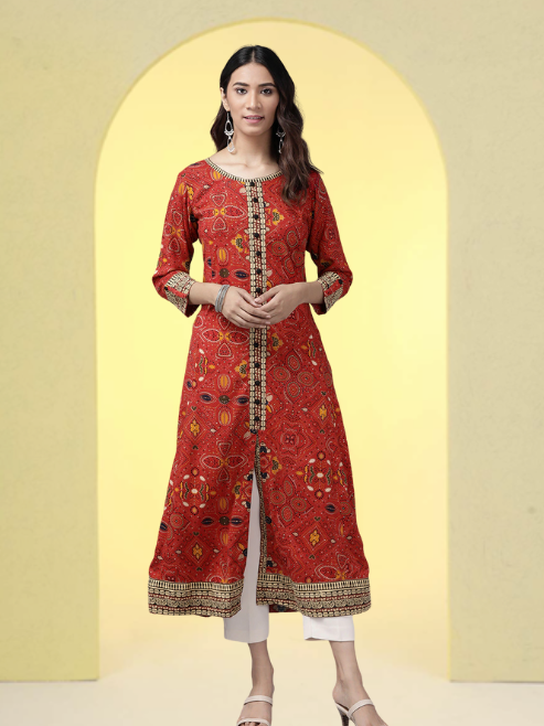 Rayon Bandhej Printed Anarkali Kurta (Red)