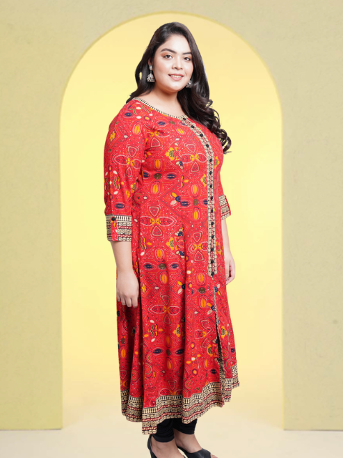 Rayon Bandhej Printed Anarkali Kurta (Red)
