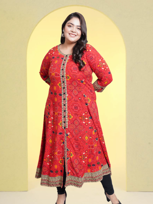 Rayon Bandhej Printed Anarkali Kurta (Red)