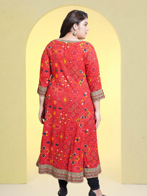 Rayon Bandhej Printed Anarkali Kurta (Red)