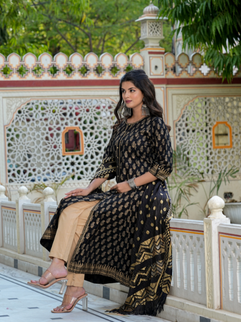 Fashion Plus Store Women's Cotton Gold Print Anarkali Kurta with Dupatta (Black)