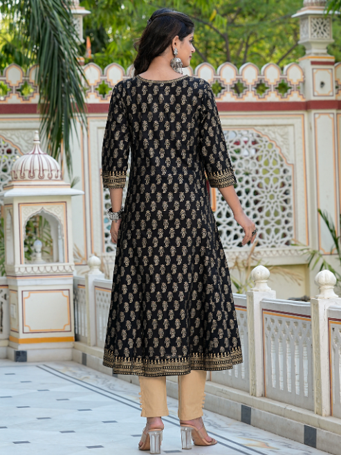 Fashion Plus Store Women's Cotton Gold Print Anarkali Kurta with Dupatta (Black)