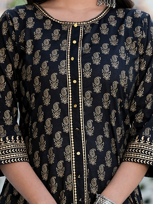 Fashion Plus Store Women's Cotton Gold Print Anarkali Kurta with Dupatta (Black)