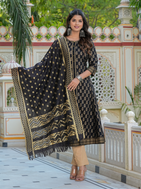 Fashion Plus Store Women's Cotton Gold Print Anarkali Kurta with Dupatta (Black)