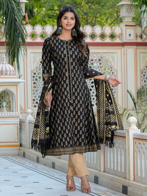 Fashion Plus Store Women's Cotton Gold Print Anarkali Kurta with Dupatta (Black)