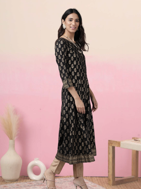 Cotton Gold Print Anarkali Kurta (Black)