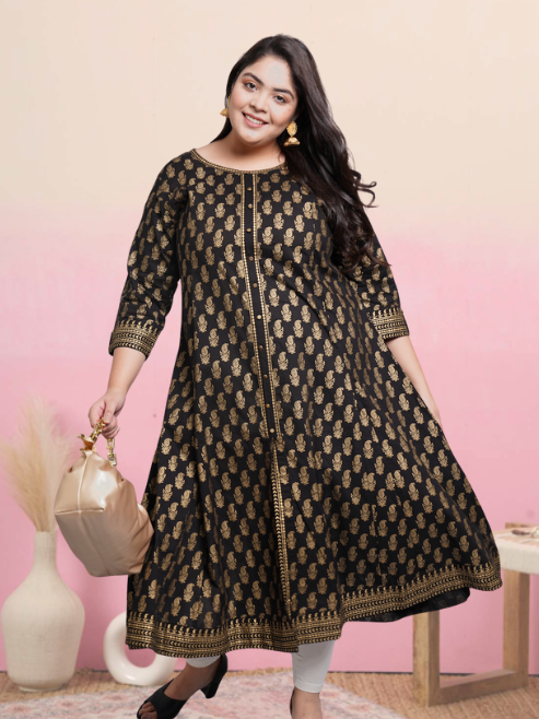 Cotton Gold Print Anarkali Kurta (Black)