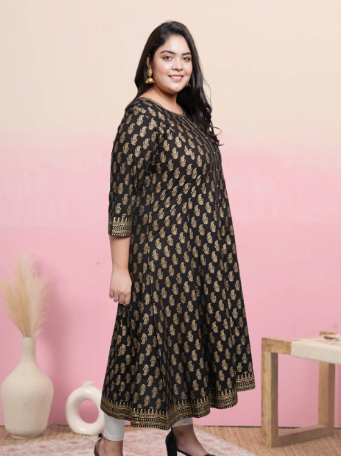 Cotton Gold Print Anarkali Kurta (Black)