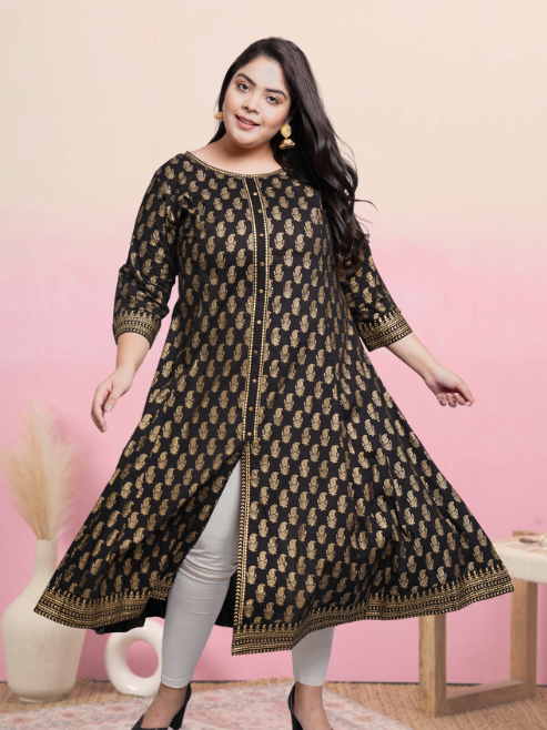 Cotton Gold Print Anarkali Kurta (Black)