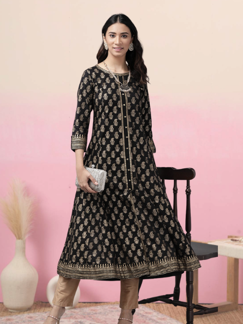 Cotton Gold Print Anarkali Kurta (Black)