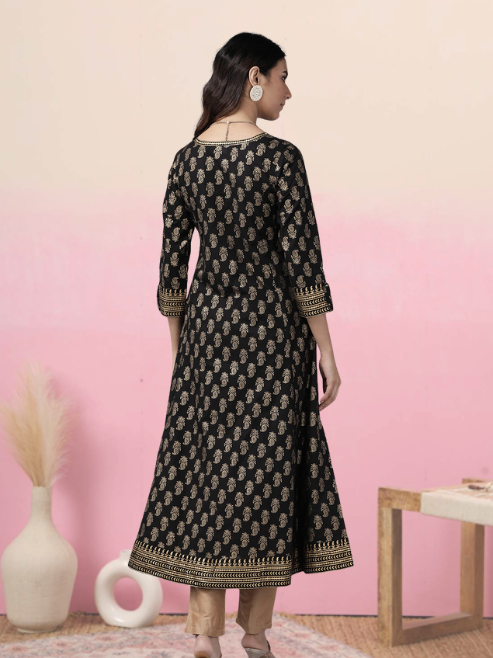 Cotton Gold Print Anarkali Kurta (Black)
