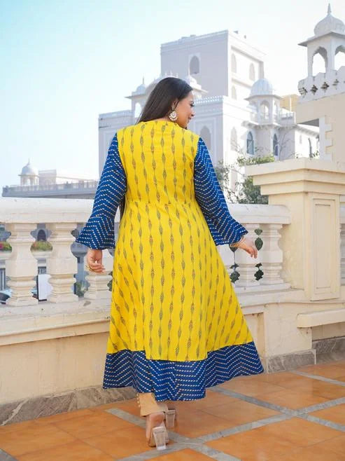 Rayon Geometric Print Embroidered Anarkali Kurta