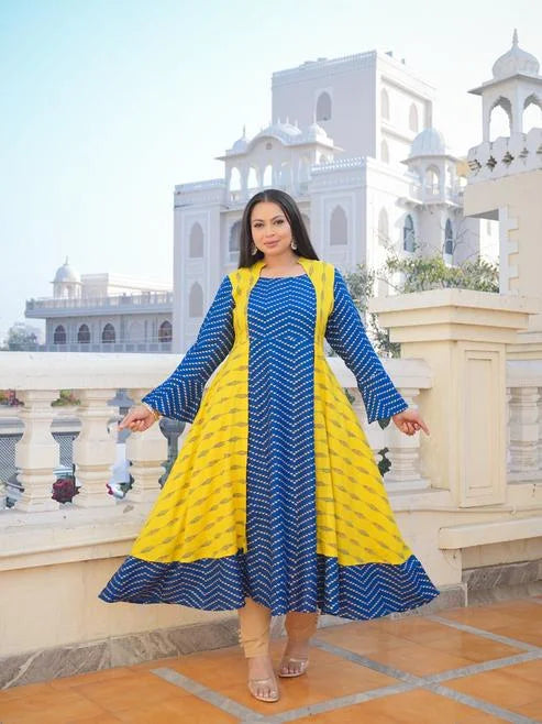 Rayon Geometric Print Embroidered Anarkali Kurta