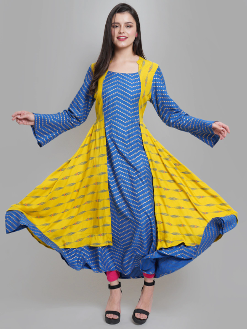 Rayon Geometric Print Embroidered Anarkali Kurta
