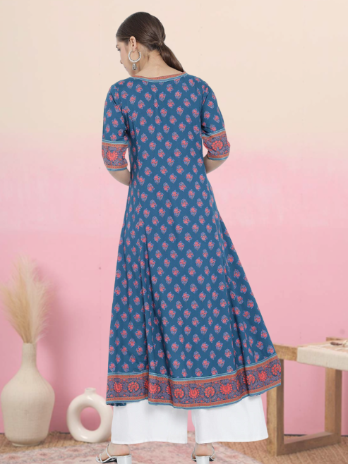 Rayon Printed Anarkali Kurta (Blue)