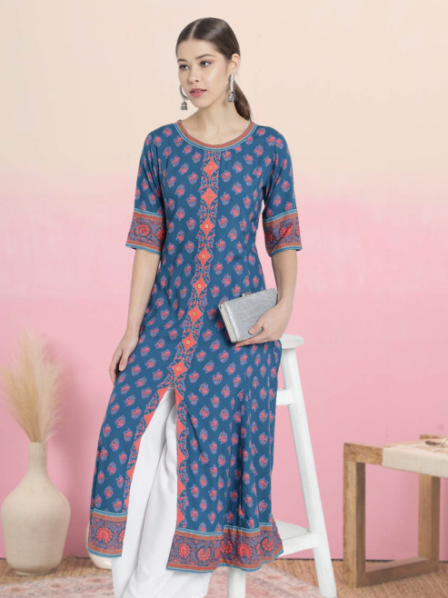 Rayon Printed Anarkali Kurta (Blue)