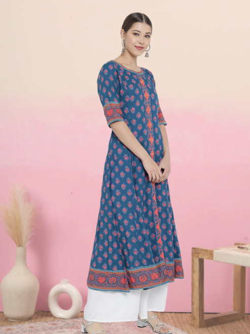 Rayon Printed Anarkali Kurta (Blue)