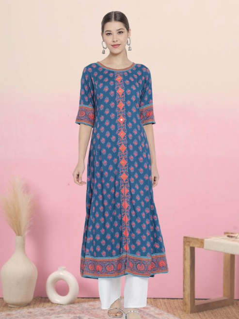 Rayon Printed Anarkali Kurta (Blue)